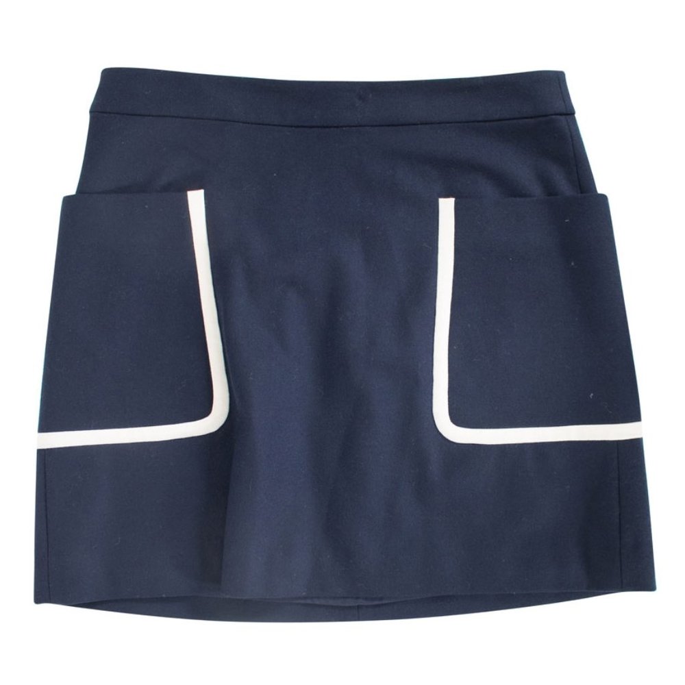 Navy Wool Mini Skirt Adorned With Oversized Pockets With White Lining